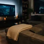 Un salon sombre avec un grand écran de télévision, un canapé beige avec une couverture et des bibliothèques remplies
