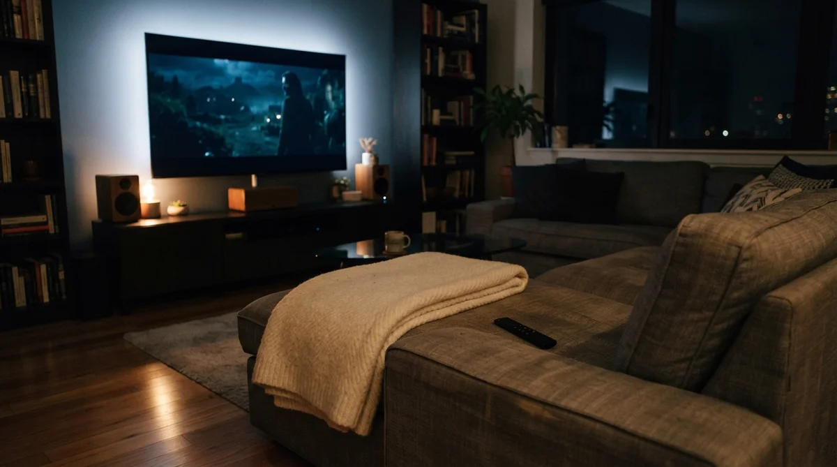Un salon sombre avec un grand écran de télévision, un canapé beige avec une couverture et des bibliothèques remplies