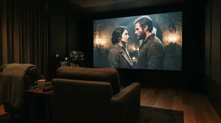 Deux personnes se font face sur un grand écran dans une salle de cinéma privée sombre équipée de fauteuils
