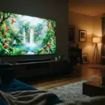 Une télévision montrant une cascade et des perroquets dans un salon confortable avec un canapé bleu