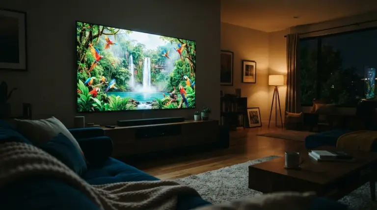 Une télévision montrant une cascade et des perroquets dans un salon confortable avec un canapé bleu