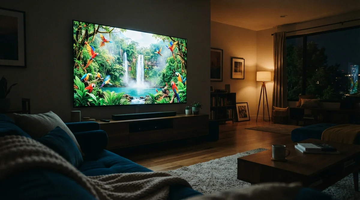 Une télévision montrant une cascade et des perroquets dans un salon confortable avec un canapé bleu