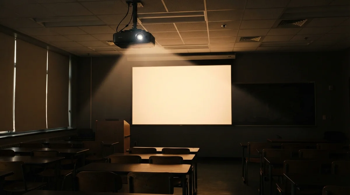 Un projecteur au plafond illumine un écran blanc dans une salle de classe sombre avec des tables et chaises