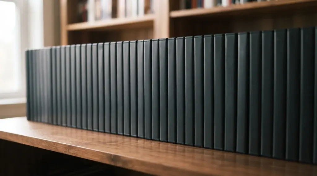 A collection of unbranded, plain dark media cases (like DVD or Blu-ray) meticulously arranged on a warm