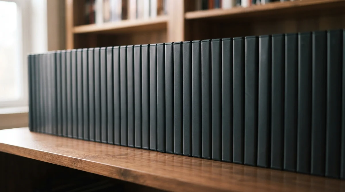 A collection of unbranded, plain dark media cases (like DVD or Blu-ray) meticulously arranged on a warm