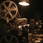 A vintage 35mm film projector in a dimly lit cinema projection booth
