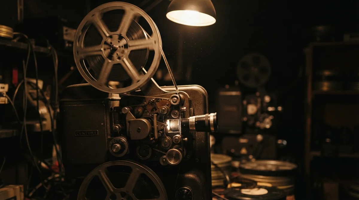 A vintage 35mm film projector in a dimly lit cinema projection booth