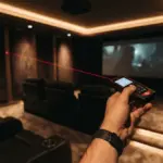 Une main tient un télémètre laser pointé vers l'écran d'une salle de cinéma privée sombre