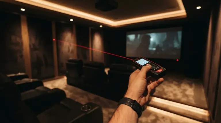 Une main tient un télémètre laser pointé vers l'écran d'une salle de cinéma privée sombre