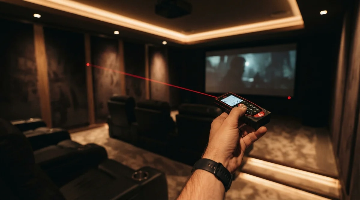 Une main tient un télémètre laser pointé vers l'écran d'une salle de cinéma privée sombre