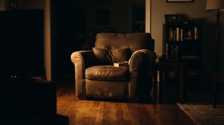 Un fauteuil sombre avec un livre posé sur le siège dans un salon peu éclairé