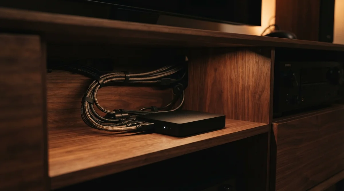 A neat array of audio and video cables, illuminated by warm cinematic light
