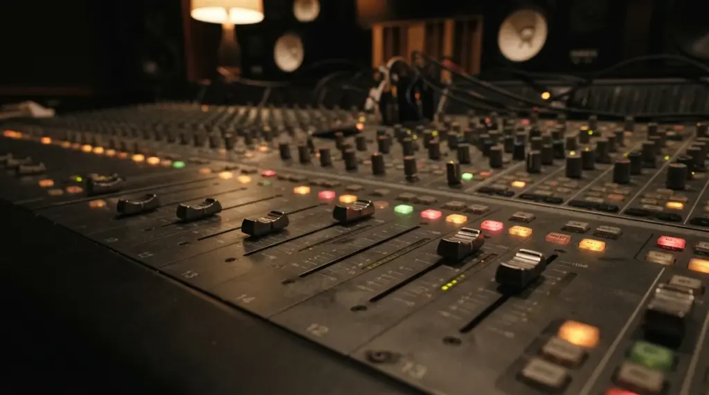 A close-up on professional audio mixing console faders and glowing buttons, subtly illuminated by warm, cinematic low light