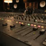 A close-up on professional audio mixing console faders and glowing buttons, subtly illuminated by warm, cinematic low light