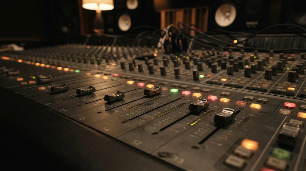 A close-up on professional audio mixing console faders and glowing buttons, subtly illuminated by warm, cinematic low light