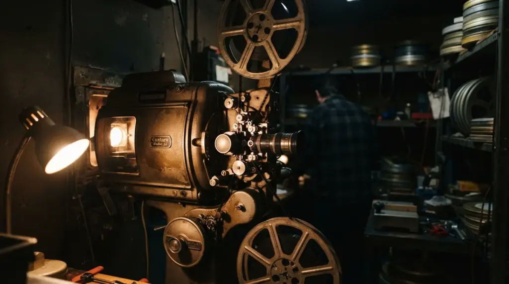 A detailed editorial photograph of a vintage cinema projector in a dimly lit projection booth