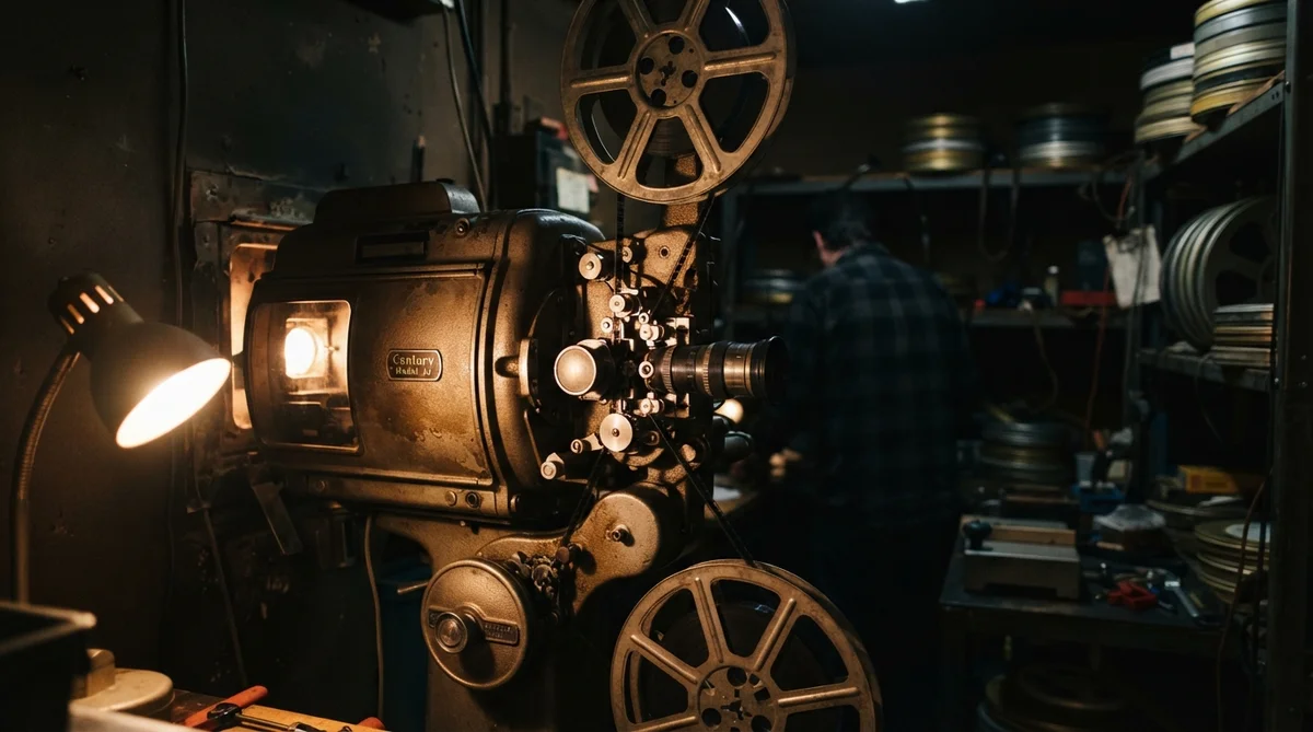 A detailed editorial photograph of a vintage cinema projector in a dimly lit projection booth