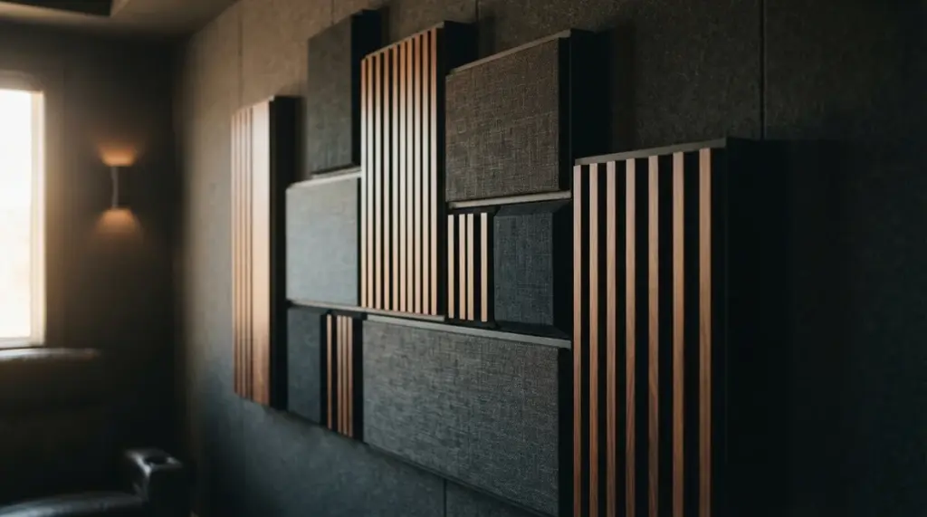 A detailed, close-up view of several elegant acoustic panels in varying sizes