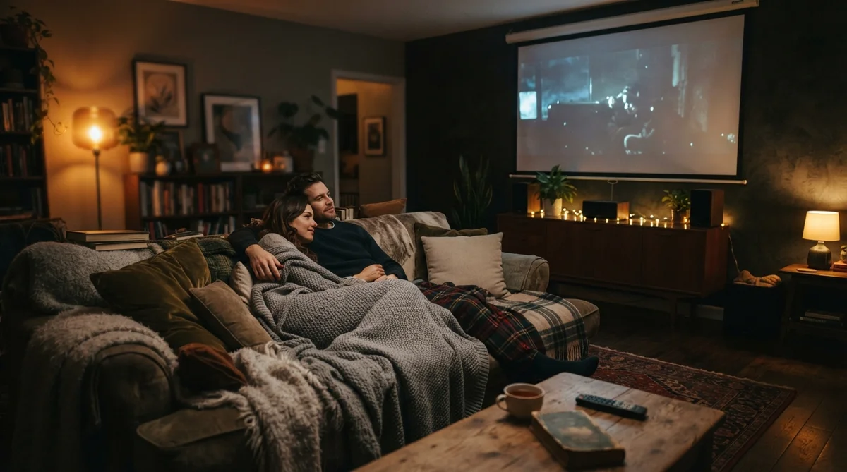 A cozy living room bathed in low, warm cinematic light at night, with a large movie screen subtly glowing