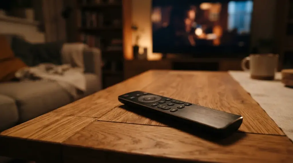A close-up of a sleek remote control resting on a warm, textured wooden surface in a softly lit, cozy living room