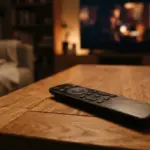 A close-up of a sleek remote control resting on a warm, textured wooden surface in a softly lit, cozy living room