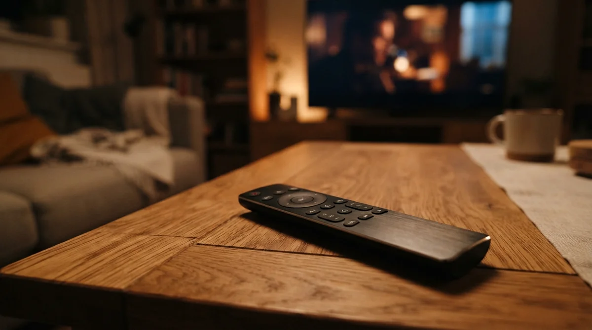 A close-up of a sleek remote control resting on a warm, textured wooden surface in a softly lit, cozy living room